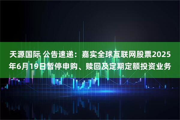 天源国际 公告速递：嘉实全球互联网股票2025年6月19日暂停申购、赎回及定期定额投资业务